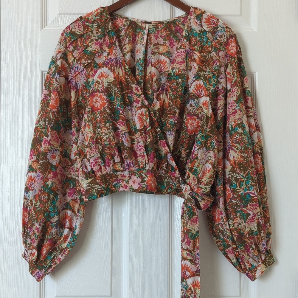 Free People Party Playlist Floral Long Sleeve V-neck Cropped Wrap Blouse Moss XS